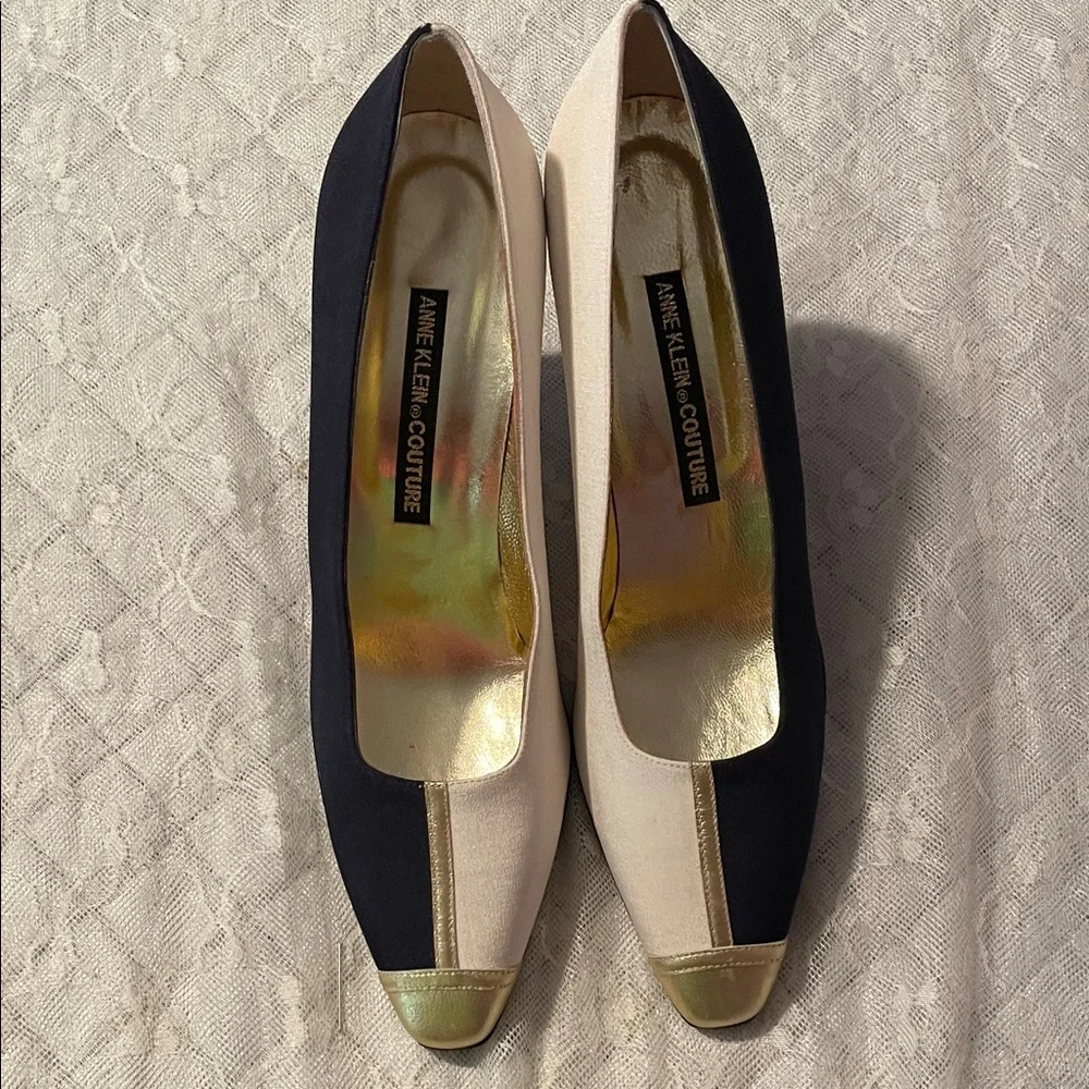 Anne Klein Navy and Cream, 3” Heels with gold accents.